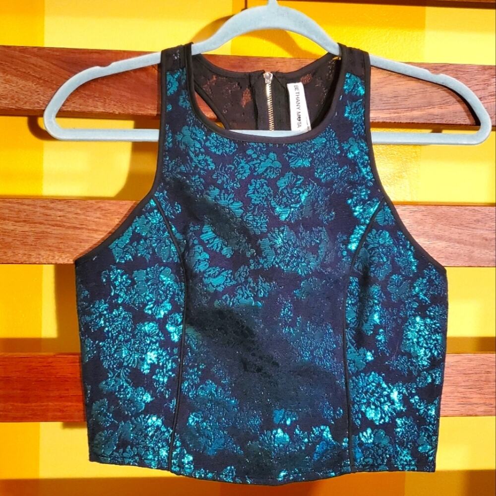 Bethany Mota Green Brocade Cropped Vest, Sz S